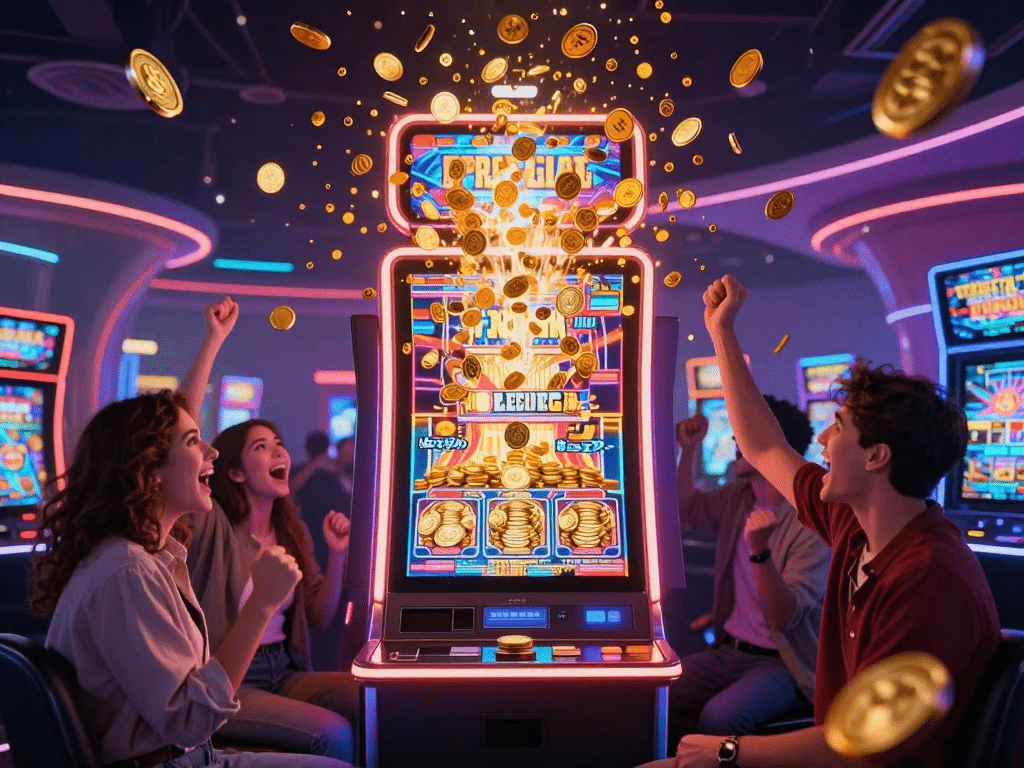 Máy Nổ Hũ Sunwin Jackpot 2026 Phun Trào Tiền Vàng Rực Rỡ Trong Sòng Bạc Tương Lai, Người Chơi Reo Hò Phấn Khích Dưới Ánh Neon Sống Động Máy nổ hũ Sunwin Jackpot 2026 phun trào tiền vàng rực rỡ trong sòng bạc tương lai, người chơi reo hò phấn khích dưới ánh neon sống động