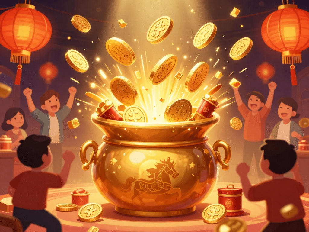 Minh Họa Chậu Hũ Jackpot Sunwin 2026 Nổ Tung Phun Tiền Vàng, Người Chơi Phấn Khích Bên Đèn Lồng Tết Bính Ngọ Và Hình Ngựa Lễ Hội Minh họa chậu hũ jackpot Sunwin 2026 nổ tung phun tiền vàng, người chơi phấn khích bên đèn lồng Tết Bính Ngọ và hình ngựa lễ hội