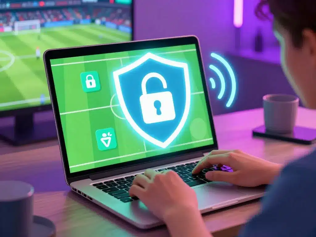Người Dùng Cá Cược Thể Thao Sunwin 2026 Mới Nhất An Toàn Trên Laptop Với Khiên Vpn, Biểu Tượng Khóa Bảo Mật Và Sân Bóng Đá Nền, Ánh Sáng Neon Hiện Đại Người dùng cá cược thể thao Sunwin 2026 mới nhất an toàn trên laptop với khiên VPN, biểu tượng khóa bảo mật và sân bóng đá nền, ánh sáng neon hiện đại