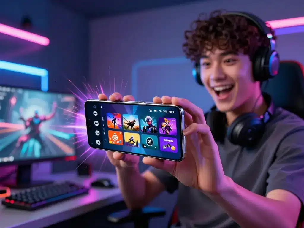 Người Dùng Trẻ Tuổi Trải Nghiệm Sunwin Mượt Mà Trên Điện Thoại Samsung 2026 Hiện Đại, Màn Hình Hiển Thị Đồ Họa Trò Chơi Sống Động, Không Gian Công Nghệ Neon Rực Rỡ Người dùng trẻ tuổi trải nghiệm Sunwin mượt mà trên điện thoại Samsung 2026 hiện đại, màn hình hiển thị đồ họa trò chơi sống động, không gian công nghệ neon rực rỡ
